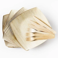Palm Leaf Combo Set (6 Wooden Cutlery + 6 Plates)