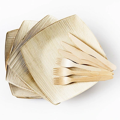 Palm Leaf Combo Set (6 Wooden Cutlery + 6 Plates)